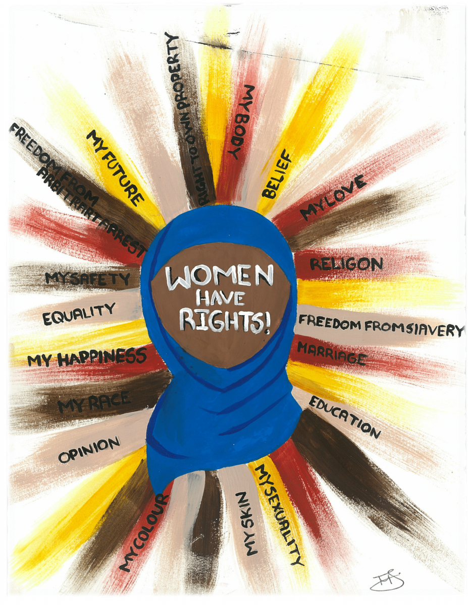 Positive words to reflect women with faceless woman wearing hijab in center, created by Manani Jones-Lamont