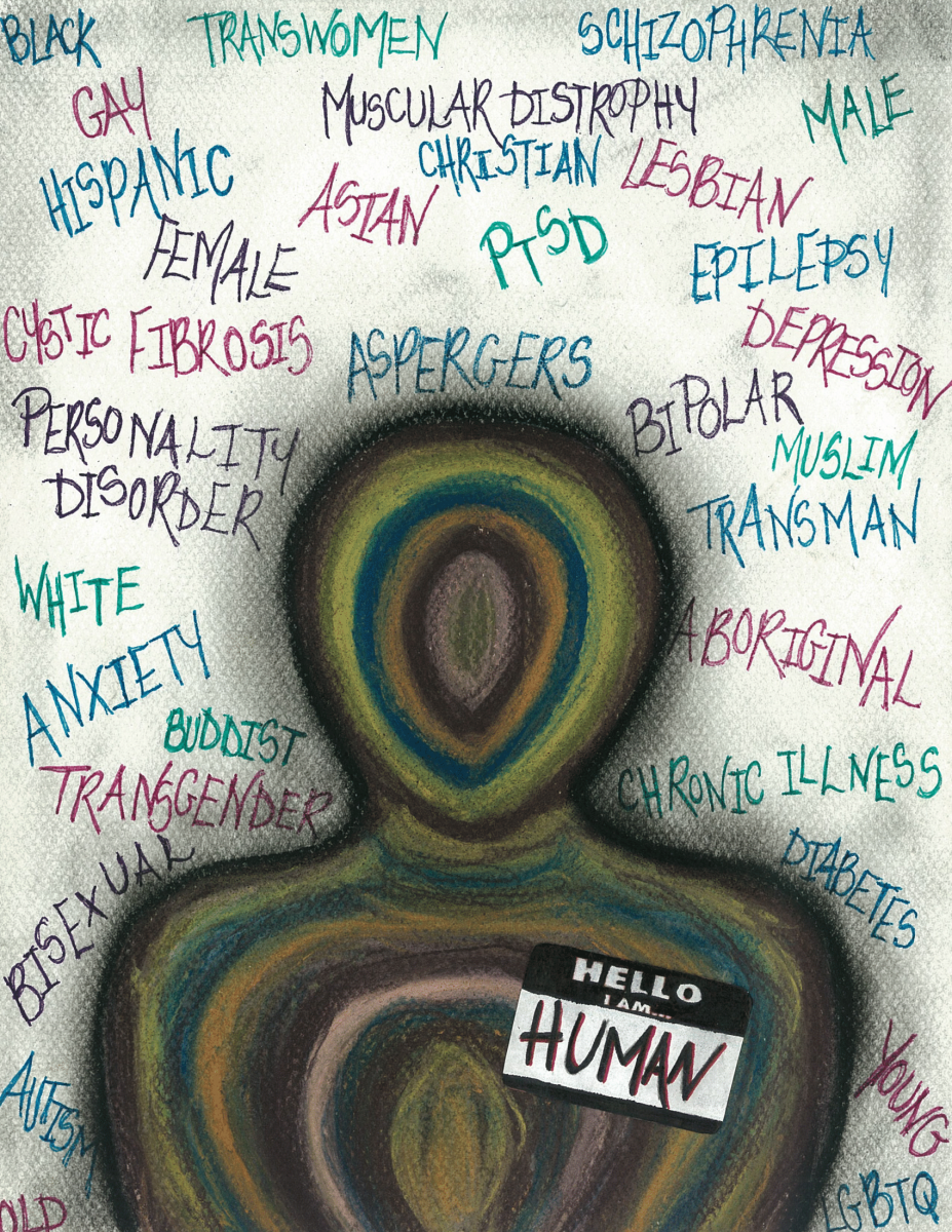 Words surrounding a faceless being with a Hello I am Human tag, created by Jillian Connors