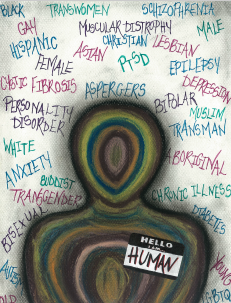 Words surrounding a faceless being with a Hello I am Human tag, created by Jillian Connors