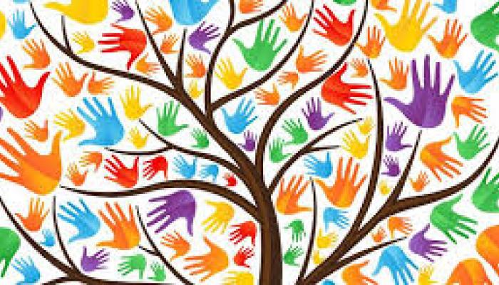 a stylized image of multicoloured hands appearing as though leaves on a large tree