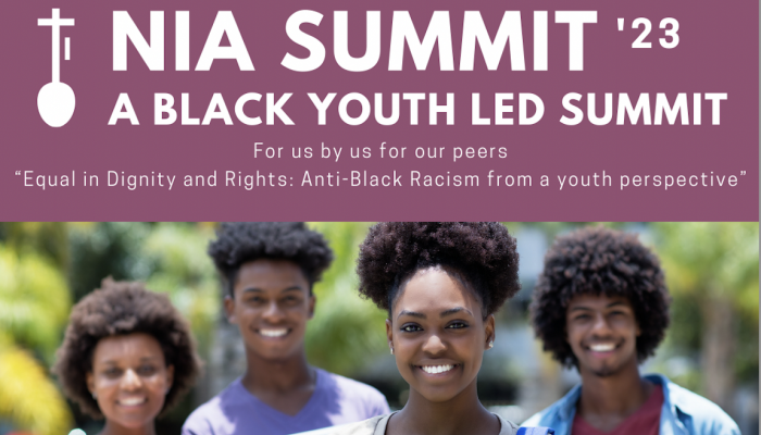 an image of four Black youth outdors with the words NIA SUMMIT 23 a Black Youth led Summit