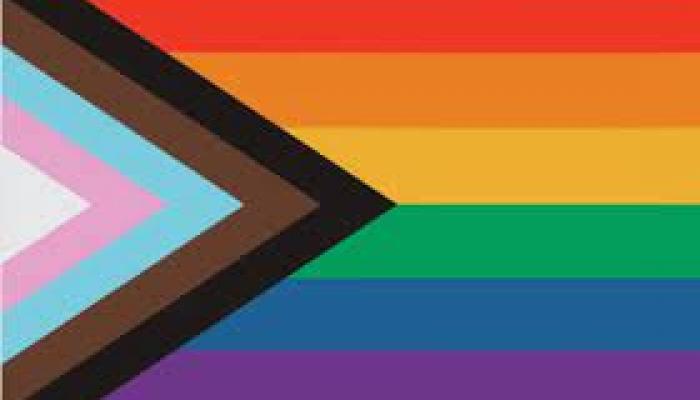 a progressive pride flag image featuring the raibow colours as well as a triangle of transgender pride colours and a black wedge for BIPOC pride